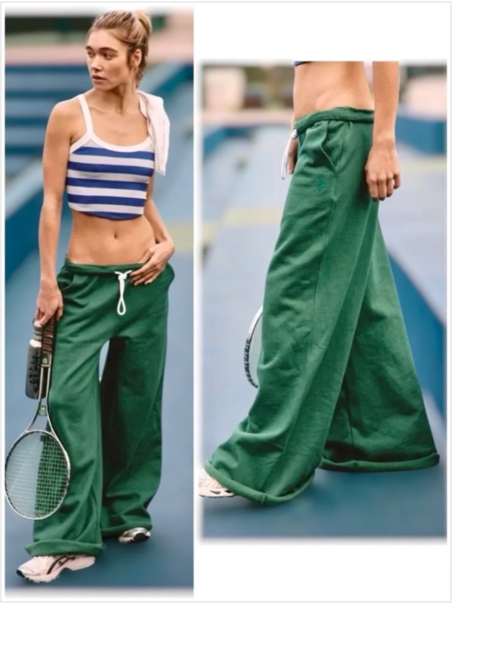 NWT Free People Movement For the Win Wide Leg Slouchy Raw Hem GREEN Sweatpants L